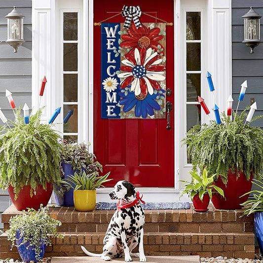 AVOIN colorlife Patriotic 4th of July House Flag 28x40 Inch Double Sided Outside, Floral Welcome Daisy Holiday Yard Outdoor Decoration