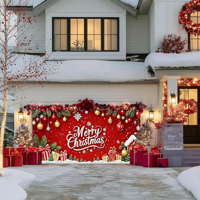 IVN Christmas Garage Door Cover Decoration 13x6ft Red Background Pine Garland Gifts and Gold Ornaments Merry Christmas Winter Garage Door Banner Home Door Front Yard Decor for Xmas Eve Holiday Outdoor