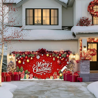 IVN Christmas Garage Door Cover Decoration 13x6ft Red Background Pine Garland Gifts and Gold Ornaments Merry Christmas Winter Garage Door Banner Home Door Front Yard Decor for Xmas Eve Holiday Outdoor