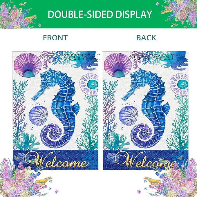 Seahorse Welcome Garden Flag 28x40 Inch Double Sided Outside, Summer Coastal Burlap Yard Flag Tropical Sea Holiday Seasonal Outdoor Decor