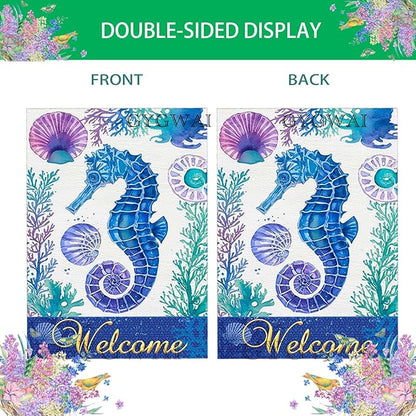 Seahorse Welcome Garden Flag 28x40 Inch Double Sided Outside, Summer Coastal Burlap Yard Flag Tropical Sea Holiday Seasonal Outdoor Decor