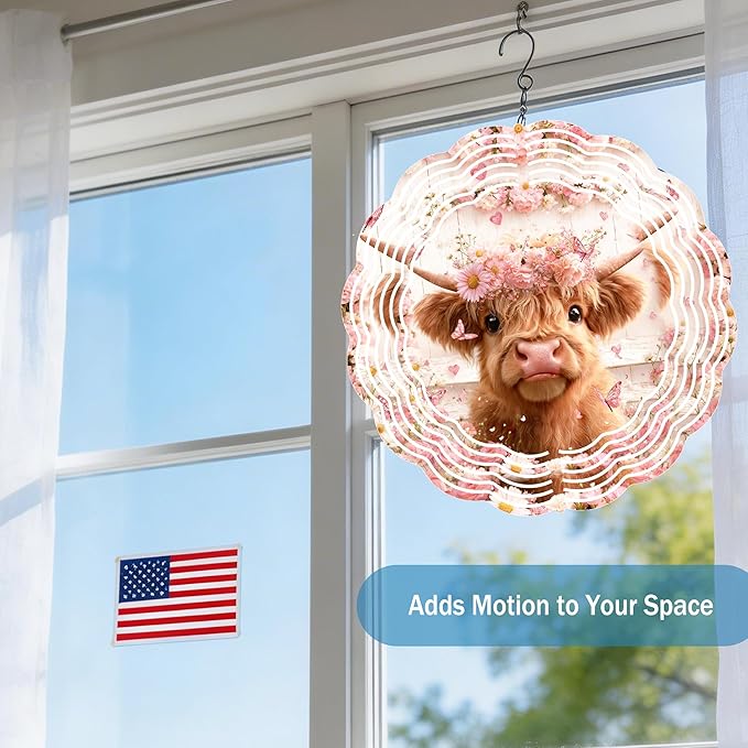 Wind Spinners Cute Cow Floral Crown Art 9.8 x 9.8 Inch Metal Wind Spinner Outdoor Garden Decor Soft Farm Illustration Decorative Wind Spinners for Yard Patio