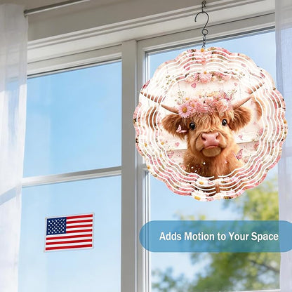 Wind Spinners Cute Cow Floral Crown Art 9.8 x 9.8 Inch Metal Wind Spinner Outdoor Garden Decor Soft Farm Illustration Decorative Wind Spinners for Yard Patio