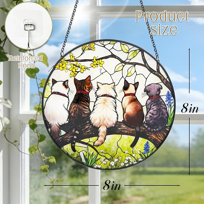 Stained Glass Suncatchers for Windows, 8 in Stained Glass Sun Catchers Indoor Window, Cat Suncatchers for Home Decor, Garden, Patio, Gift for Cat Lovers