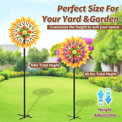 Metal Sunflower Wind Spinner Outdoor, 13" W x 64" H Large Double Windmill Pinwheels with 5 Prong Stake, Kinetic Wind Sculpture for Backyard Garden Patio Lawn Art Decor Yellow