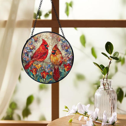 Cardinal Suncatchers Stained Glass Window Hanging, Cardinal Gifts for Women,Red Flower Sun Catchers Indoor Window Glass Round Wall Decor, 7.9x7.9in