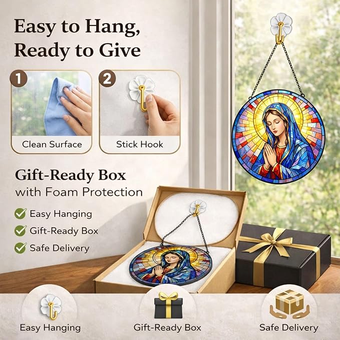 Virgin Mary Suncatcher Window Hanging, 7.8" Stained Glass Mother’s Day Religious Gift for Mom, Grandma and Friends, Catholic Christian Decor for Window, Prayer Room, Sunroom and Office