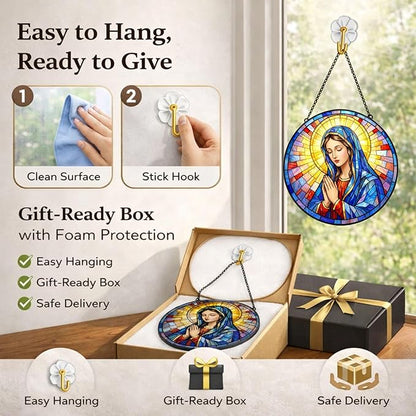 Virgin Mary Suncatcher Window Hanging, 7.8" Stained Glass Mother’s Day Religious Gift for Mom, Grandma and Friends, Catholic Christian Decor for Window, Prayer Room, Sunroom and Office
