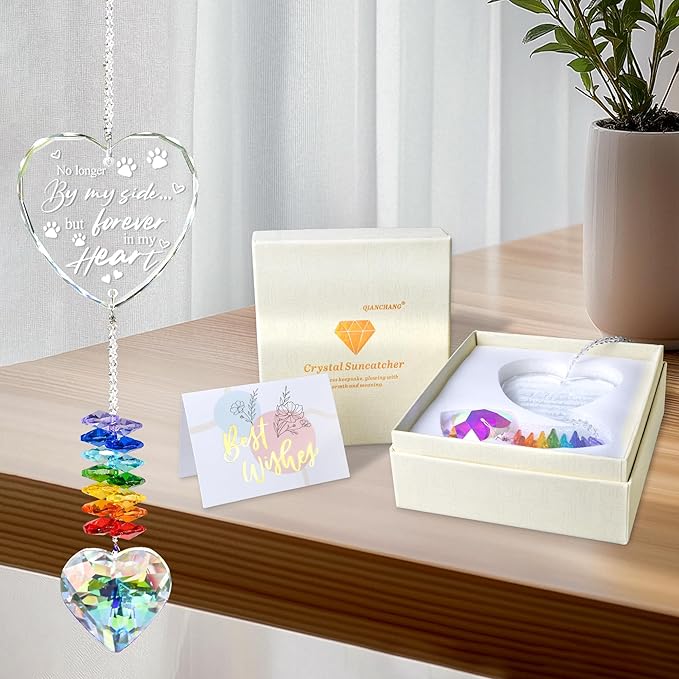 Pet Memorial Crystal Suncatcher Gifts for Loss of Dog/Cat, Window Hanging Crystal Heart Prism Sun Catcher Rainbow Maker Pendant