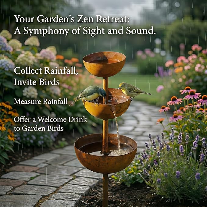 Rain Catcher & Plant Support Metal Garden Ornament, 3-Tiered Garden Stake with Water Bowls, Bird Bath & Bee Watering Station for Outdoor Yard, Patio, Lawn Art Decor (3PCS)