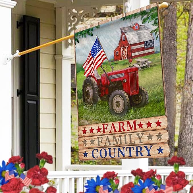 Furiaz July 4th Farm Family Country Barn Tractor American Patriotic House Flag, USA America Memorial Day Garden Yard Decorative Home Outside Decoration, Summer Farmhouse Outdoor Large Decor 28 x 40