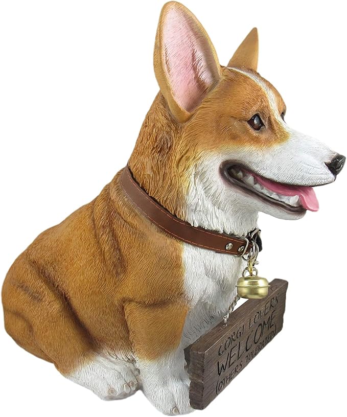 Charming 11.5 Inch Realistic Welsh Corgi Dog Statue with Reversible Sign Perfect for Indoor and Outdoor Pet Decor - Ideal for Home, Garden, Porch, and Patio Accent