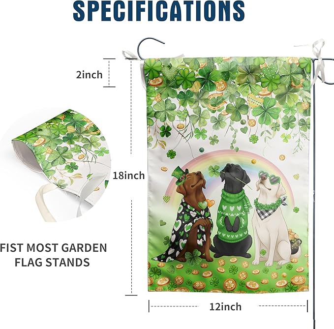St Patricks Day Dog Garden Flag 12x18 Double Sided Outside White Chocolate Black Lab Yard Signs Labrador Banner for Saint Patrick Spring Outdoor Decorative