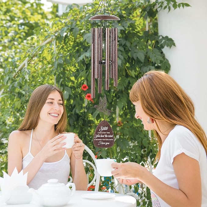 Sister Gifts Wind Chimes - Waterproof Hummingbird Windchimes Decor with Greeting Card Indoor Outdoor Garden Patio Yard Home Hanging Appreciation Christmas New Year Birthday Gift for Sisters