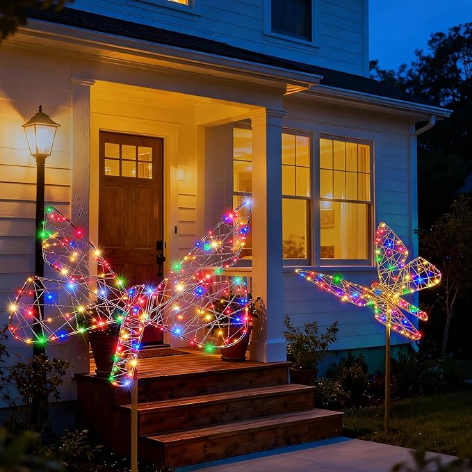 Lomotech Solar Garden Lights - 18" 240 Leds Foldable Outdoor Butterfly Garden Decor, Waterproof Larger Outdoor Solar Lights with Iron for Garden Patio Yard Lawn Pathway Decorations (Multicolor)