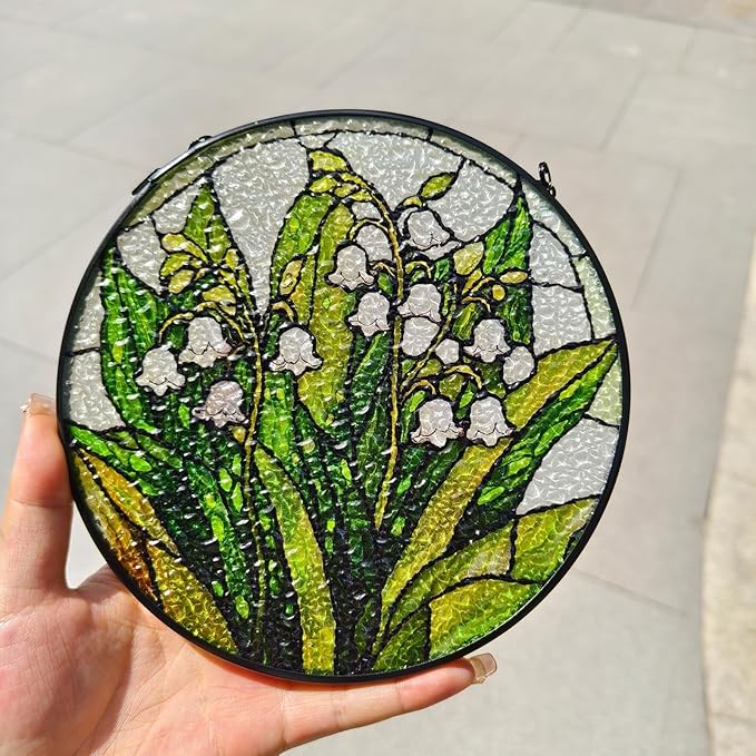 Stained Glass Window Hanging, Lily of The Valley Flower Diamond Glass Panel Suncatcher Green Plant Sun Catchers for Home Garden Balcony Window Decor, Plant Lover Gifts (6.3 Inch)