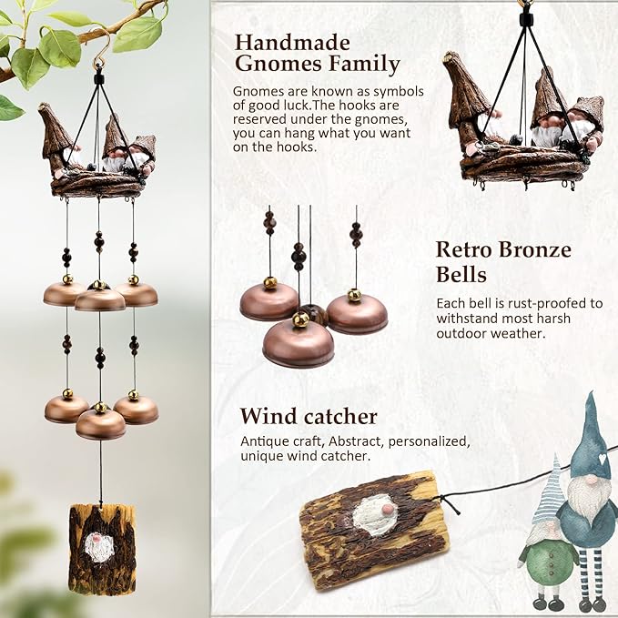 Gnome Wind Chimes for Outside With 6 Larger Bells - Gift for Mom, Dad, Daughter, Women - Outdoor Decor for Patio, Porch, Garden, Backyard