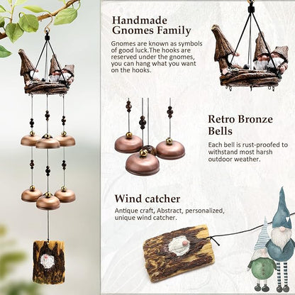 Gnome Wind Chimes for Outside With 6 Larger Bells - Gift for Mom, Dad, Daughter, Women - Outdoor Decor for Patio, Porch, Garden, Backyard