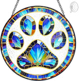 Paw Print Suncatcher Stained Glass Window Hanging - 8” Paw Print Stained Glass Suncatchers for Windows - Sun Catchers Indoor Wall Art Home Garden Decor Glass Panel - Dog Memorial Gifts for Mom Grandma