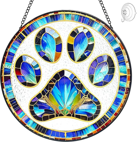 Paw Print Suncatcher Stained Glass Window Hanging - 8” Paw Print Stained Glass Suncatchers for Windows - Sun Catchers Indoor Wall Art Home Garden Decor Glass Panel - Dog Memorial Gifts for Mom Grandma