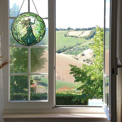 Green Witch Suncatcher Plant Witch Stained Glass Window Hanging Plant Lover Gifts for Women Wall Decor Handmade Sun Catcher Decoration for Garden Home Housewarming Gifts