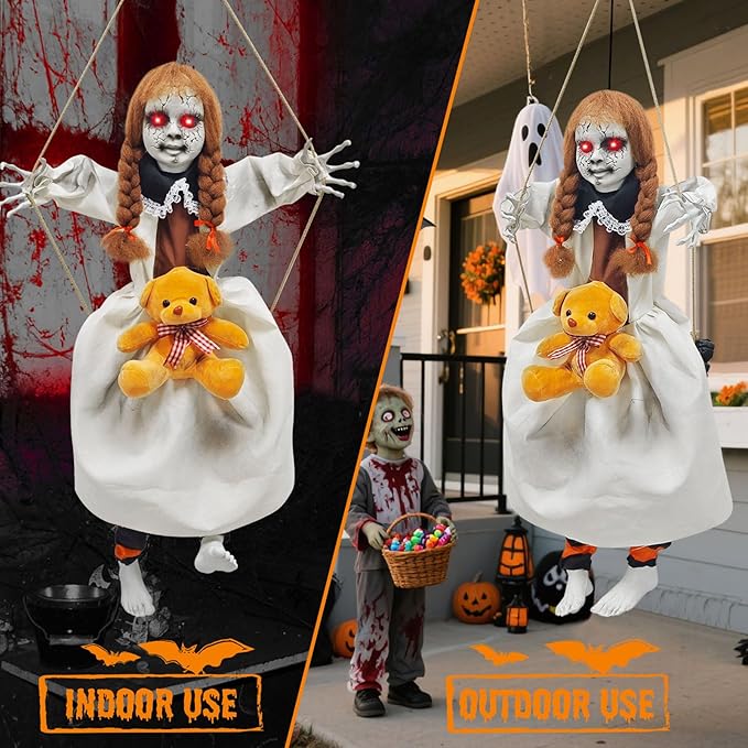 Outdoor Hanging Swinging Girl Halloween Decorations,Lighted Creepy Doll Halloween Dolls Scary Props for Garden Yard Lawn and Haunted House Decorations