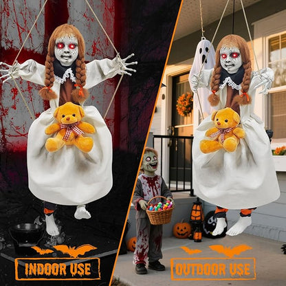 Outdoor Hanging Swinging Girl Halloween Decorations,Lighted Creepy Doll Halloween Dolls Scary Props for Garden Yard Lawn and Haunted House Decorations