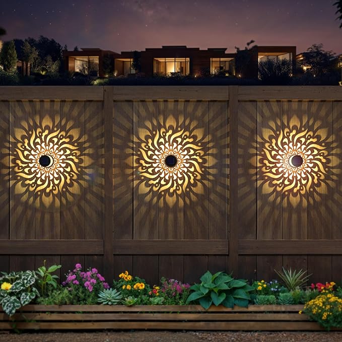 2 Pack Solar Fence Lights Metal Solar Powered Outdoor Wall Deck Step Lights Mandala Theme Waterproof Fence Light for Garden Post Patio Backyard Yard Decor, Gardening Gifts for Women Mom Grandma