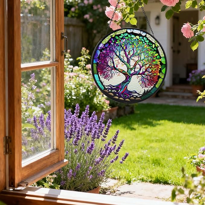Suncatcher Stained Glass Window Hanging - Life Sun Glass Panel with Metal Chain and Hooks Handmade Sun Catcher Decoration for Window Garden Home Christmas & Birthday Gifts