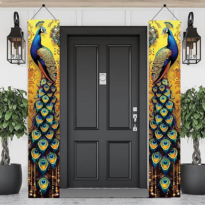 Peacock Porch Banners 180x30 CM Elegant Golden Peacock Decorations Hanging Door Signs Outdoor Home Decor Entryway Welcome Banner for Porch Patio Garden Party