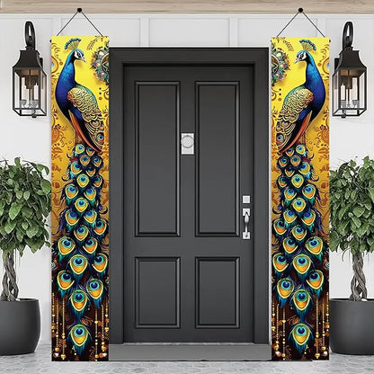Peacock Porch Banners 180x30 CM Elegant Golden Peacock Decorations Hanging Door Signs Outdoor Home Decor Entryway Welcome Banner for Porch Patio Garden Party