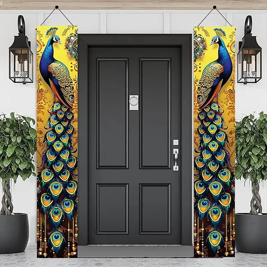 Peacock Porch Banners 180x30 CM Elegant Golden Peacock Decorations Hanging Door Signs Outdoor Home Decor Entryway Welcome Banner for Porch Patio Garden Party