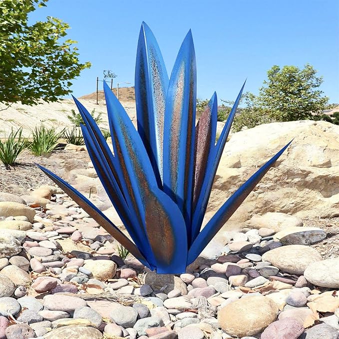 Juesi Metal Yard Art - Metal Agave Plants for Outdoors, Garden Sculpture Metal Arts for Yard Lawn Patio (10.6" X 2.5", Blue)