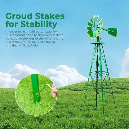Outvita 8FT Ornamental Windmill, Heavy Duty Durable Metal Weather Vane Garden Decoration Weather Resistant for Garden, Yard, Farm, Seaside (8ft-Green)