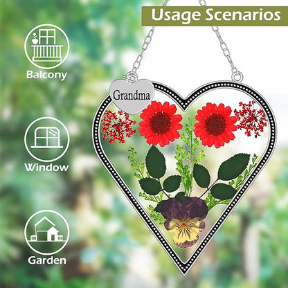 KY&BOSAM Heart Suncatcher for Windows Hangings Grandma Gift Stained Glass Butterfly Suncatcher Pressed Flower Between Heart in Glass Metal Engraved Charm Gift for Women Mother's Day Birthday Christmas