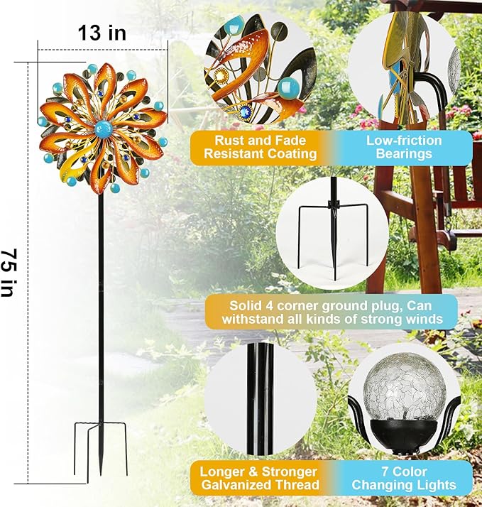 MLKNK Wind Spinners for Yard and Garden - Wind Sculptures & Spinners 75 in Garden Kinetic Art with Solar Powered Multi-Color Glass Ball Light - Gradient Brown