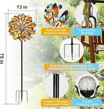 MLKNK Wind Spinners for Yard and Garden - Wind Sculptures & Spinners 75 in Garden Kinetic Art with Solar Powered Multi-Color Glass Ball Light - Gradient Brown