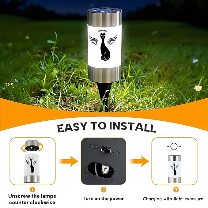 Solar Cat Memorial Garden Light, Outdoor Pet Remembrance Keepsake with Angel Silhouette, Automatic Dusk to Dawn LED Yard Stake (cat)
