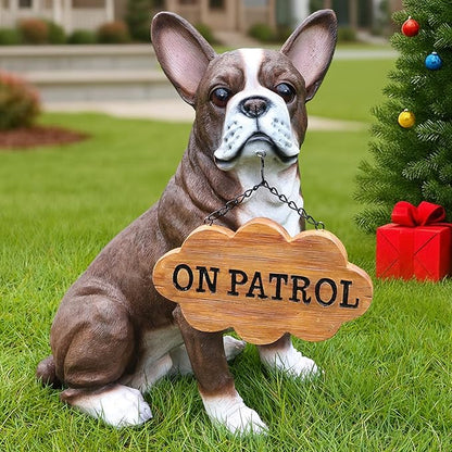Sophisticated Brown & White Boston Terrier Dog Sculpture with Solar Lantern & Double-Sided 'On Patrol' and 'Welcome' Signposts – Premium Resin Statue for Upscale Garden, Yard, and Patio Décor