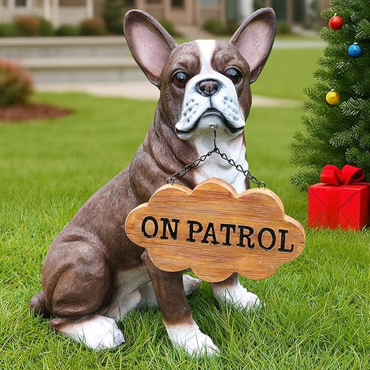 Sophisticated Brown & White Boston Terrier Dog Sculpture with Solar Lantern & Double-Sided 'On Patrol' and 'Welcome' Signposts – Premium Resin Statue for Upscale Garden, Yard, and Patio Décor