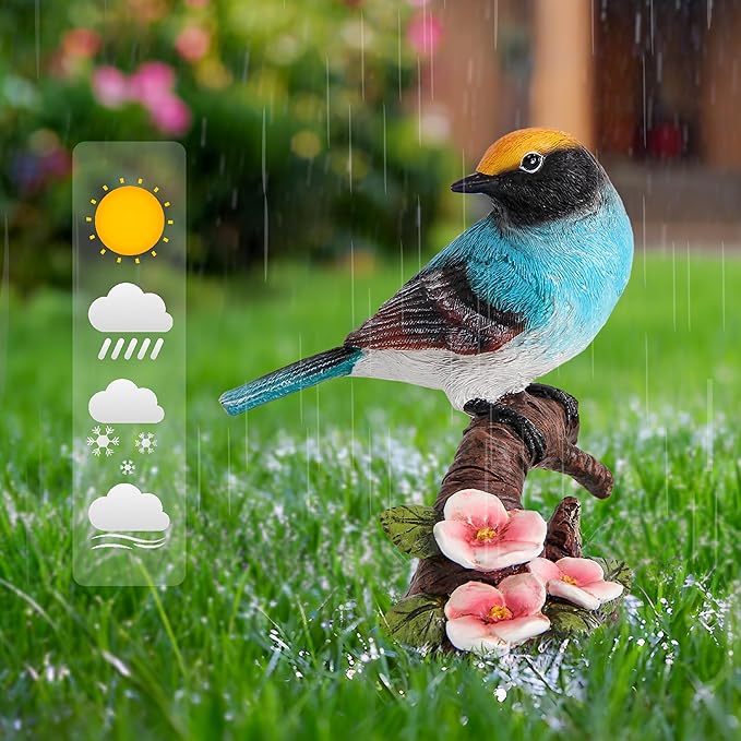 Garden Bird Statue for Outdoor Decor, Blue Bird Figurine Perched on Branch with Pink Flowers for Backyard Yard Patio, Bird Decorations for Home Shelf, Mother's Day Birthday Gifts