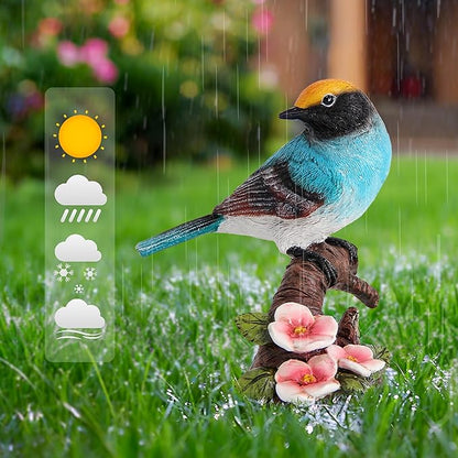 Garden Bird Statue for Outdoor Decor, Blue Bird Figurine Perched on Branch with Pink Flowers for Backyard Yard Patio, Bird Decorations for Home Shelf, Mother's Day Birthday Gifts