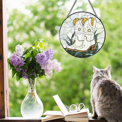 Western Cowgirl Boots Stained Glass Window Hanging Suncatcher, Cowboy Boots Flower Sun Catcher Indoor Window Decor, Cowgirl Gifts Painted Glass Round Wall Hanging Decorations, 7.8x7.8 in