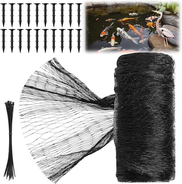 Koi Pond Netting Kit 15 x 20ft, Bird Deer Fence Netting, Durable Net Cover for Leaves, Heavy Duty Fine Mesh, Protect Fish from Blue Heron Birds, Cats & Predators, 20pcs Stakes & Ties Included