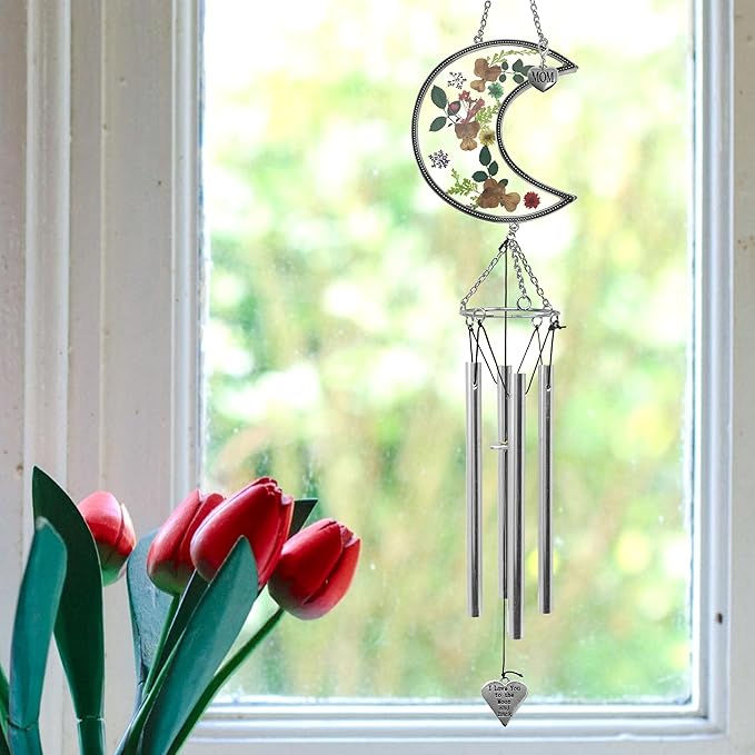 Mom Wind Chimes with Pressed Flowers - Colorful Floral Hanging Chime for Mom - Mother’s Day, Birthday for Mother - Decorative 20 Inch Outdoor or Indoor Mom Gift