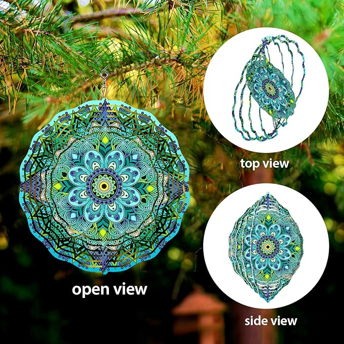 WIRESTER Hanging Wind Spinner 8 Inch, Metal 3D Wind Sculpture Ornament Decoration for Home Yard Garden Patio Balcony Indoor Outdoor - Teal Blue Green Mandala Vintage