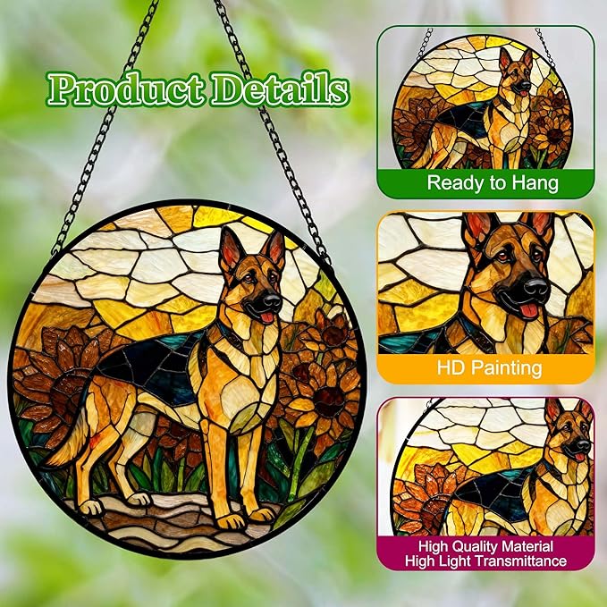 Stained Glass Suncatcher German Shepherd Among Sunflowers Handmade Window Hangings Colored Glass Suncatcher for Indoor Garden Christmas Home Decor Gift for Pet Dog Lover Memorial (7.9in)