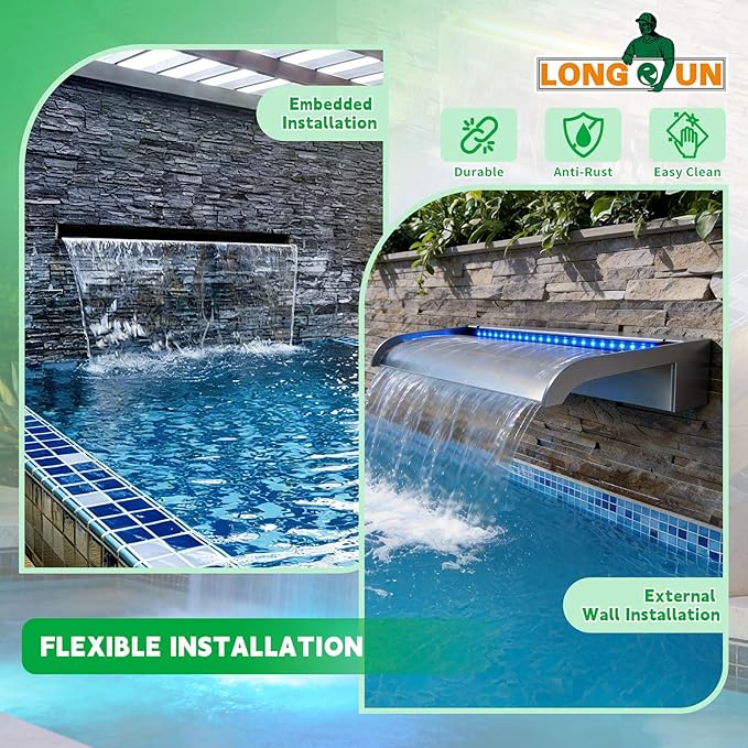 Pool Fountain, LONGRUN Waterfall Spillway for Koi Ponds - 23.6" Transparent Acrylic Waterfall with APP Control & Multi-Color LED Lights for Swimming Pool, Garden Pond, Patios, Spa Decoration
