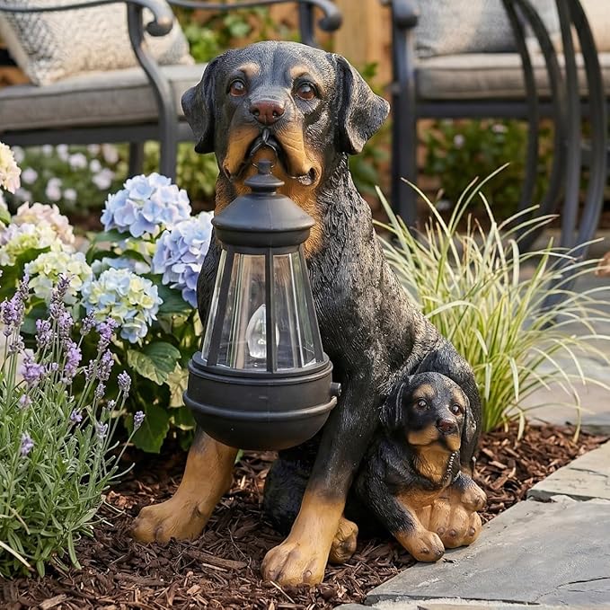 Rottweiler Dog Garden Statue with Solar Lantern & A Double-Sided Sign (Welcome/On Patrol), 11.4" Outdoor Resin Puppy Sculpture Yard Art Decor for Patio Lawn Porch, Dog Lover Gift