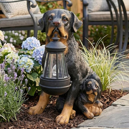 Rottweiler Dog Garden Statue with Solar Lantern & A Double-Sided Sign (Welcome/On Patrol), 11.4" Outdoor Resin Puppy Sculpture Yard Art Decor for Patio Lawn Porch, Dog Lover Gift